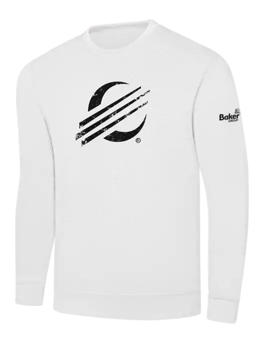 White 7.8 oz Ring Spun Crew Sweatshirt w/Baker Distressed Bug Logo, Baker Group Logo