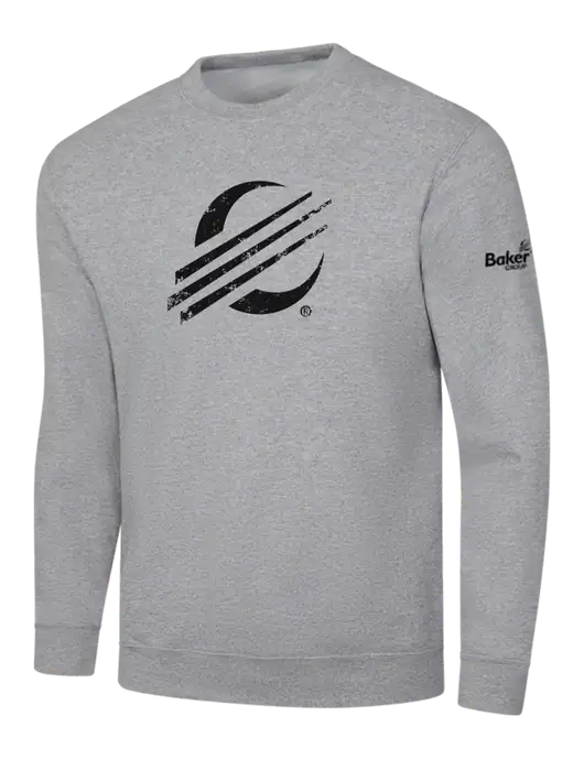 Light Grey Heather 7.8 oz Ring Spun Crew Sweatshirt w/Baker Distressed Bug Logo, Baker Group Logo