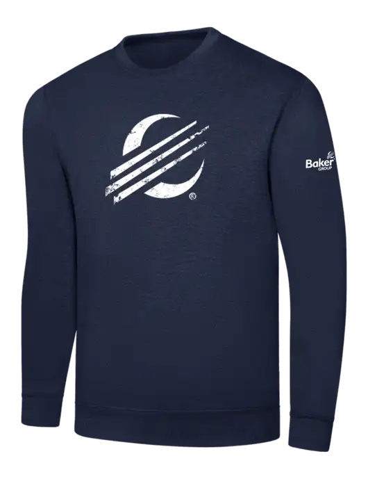 Navy 7.8 oz Ring Spun Crew Sweatshirt w/Baker Distressed Bug Logo, Baker Group Logo