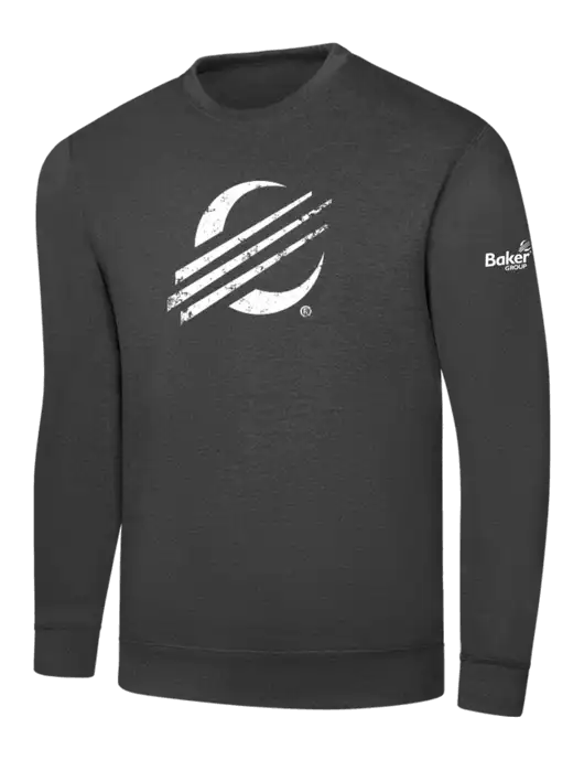 Dark Heather Grey 7.8 oz Ring Spun Crew Sweatshirt w/Baker Distressed Bug Logo, Baker Group Logo