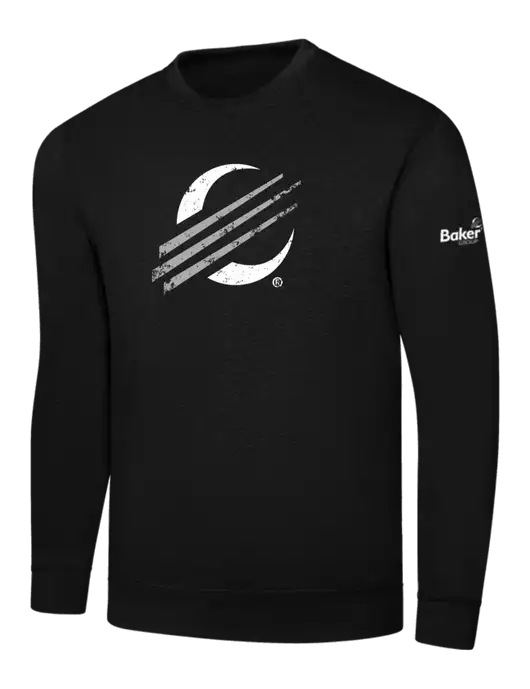 Black 7.8 oz Ring Spun Crew Sweatshirt w/Baker Distressed Bug Logo, Baker Group Logo