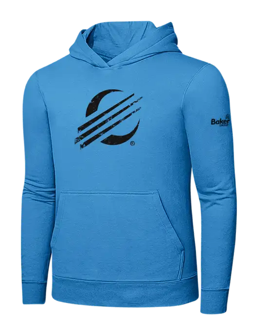 Light Aqua Blue 7.8 oz Ring Spun Hooded Sweatshirt w/Baker Distressed Bug Logo, Baker Group Logo