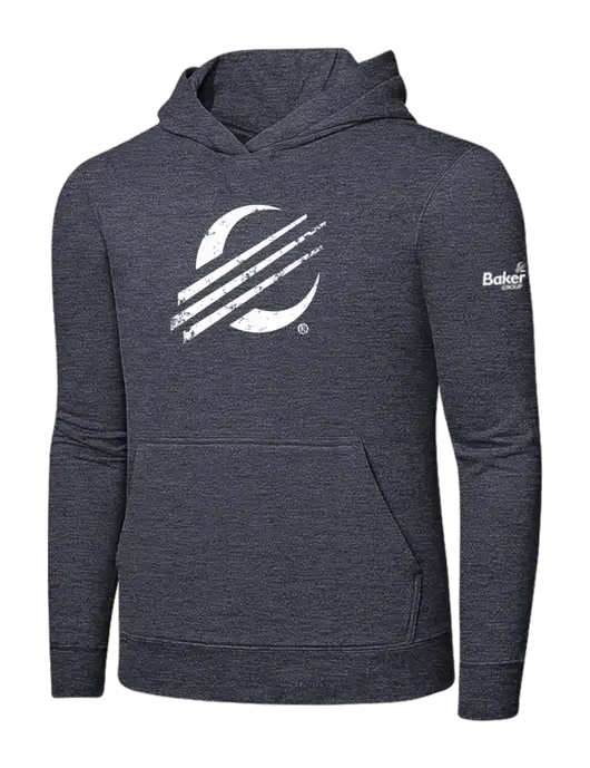 Heather Navy 7.8 oz Ring Spun Hooded Sweatshirt w/Baker Distressed Bug Logo, Baker Group Logo