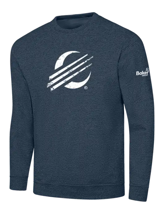 Heather Navy 7.8 oz Ring Spun Crew Sweatshirt w/Baker Distressed Bug Logo, Baker Group Logo