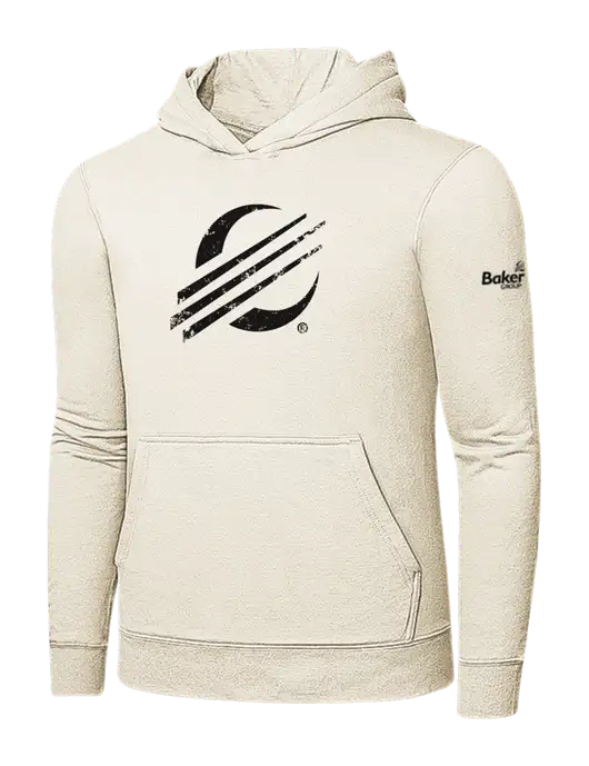 Very Light Tan 7.8 oz Ring Spun Hooded Sweatshirt w/Baker Distressed Bug Logo, Baker Group Logo