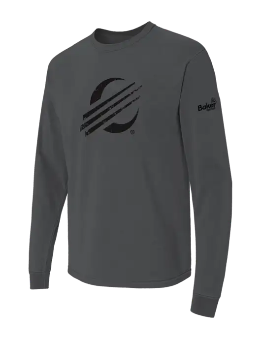 Comfort Colors Garment-Dyed Dark Grey Heather Heavyweight Long Sleeve T-Shirt w/Baker Distressed Bug Logo, Baker Group Logo