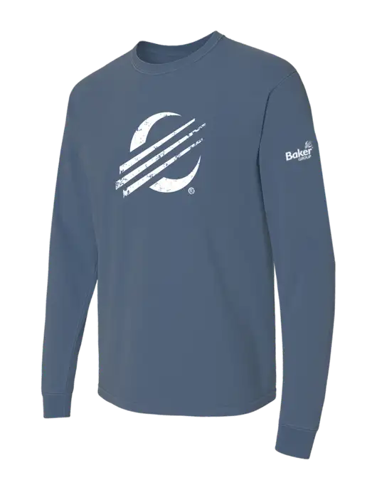 Comfort Colors Garment-Dyed Blue Slate Heavyweight Long Sleeve T-Shirt w/Baker Distressed Bug Logo, Baker Group Logo