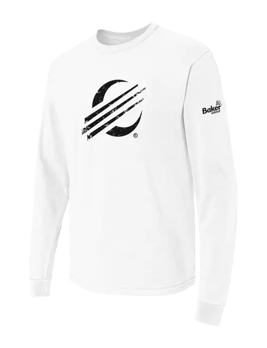 Comfort Colors Garment-Dyed White Heavyweight Long Sleeve T-Shirt w/Baker Distressed Bug Logo, Baker Group Logo