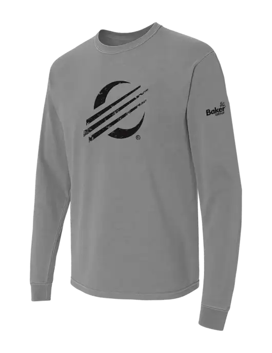 Comfort Colors Garment-Dyed Medium Grey Heavyweight Long Sleeve T-Shirt w/Baker Distressed Bug Logo, Baker Group Logo