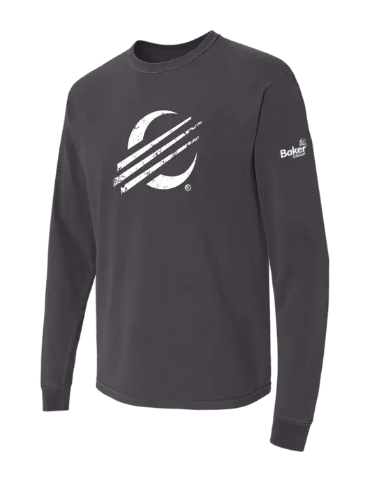 Comfort Colors Garment-Dyed Dark Grey Heavyweight Long Sleeve T-Shirt w/Baker Distressed Bug Logo, Baker Group Logo