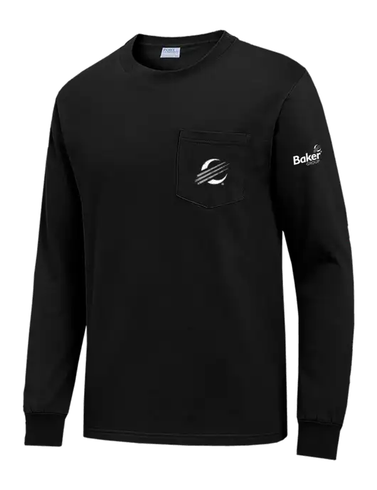 Black Long Sleeve Heavyweight 6.1 oz Pocket T-Shirt w/Baker Distressed Bug Logo, Baker Group Logo