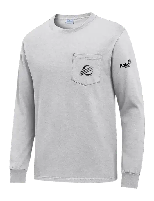 Light Grey Heather Long Sleeve Heavyweight 6.1 oz Pocket T-Shirt w/Baker Distressed Bug Logo, Baker Group Logo