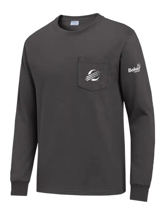 Charcoal Long Sleeve Heavyweight 6.1 oz Pocket T-Shirt w/Baker Distressed Bug Logo, Baker Group Logo