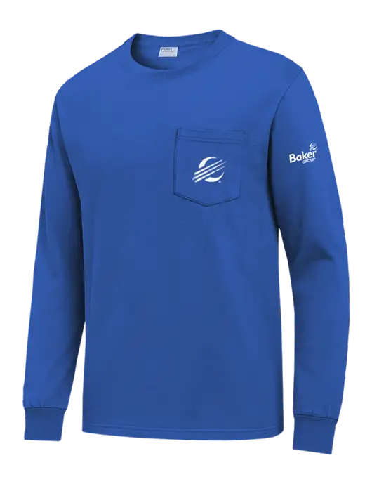 Royal Blue Long Sleeve Heavyweight 6.1 oz Pocket T-Shirt w/Baker Distressed Bug Logo, Baker Group Logo