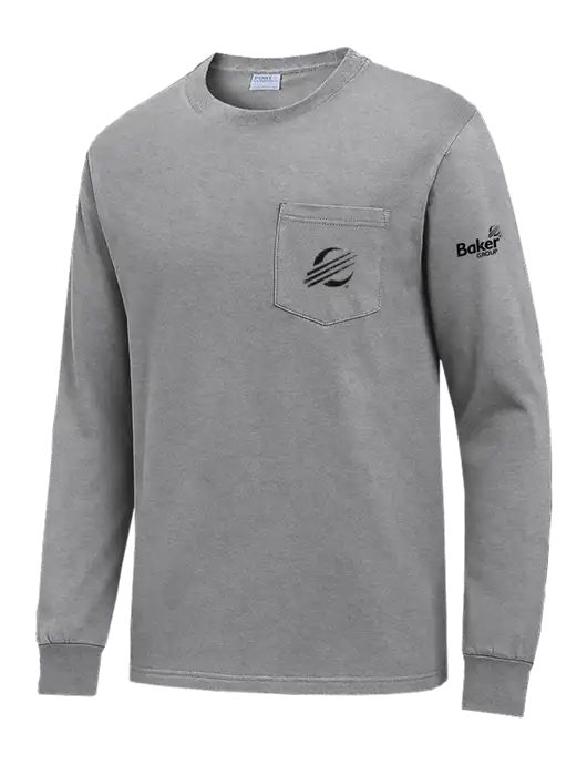 Medium Grey Heather Long Sleeve Heavyweight 6.1 oz Pocket T-Shirt w/Baker Distressed Bug Logo, Baker Group Logo