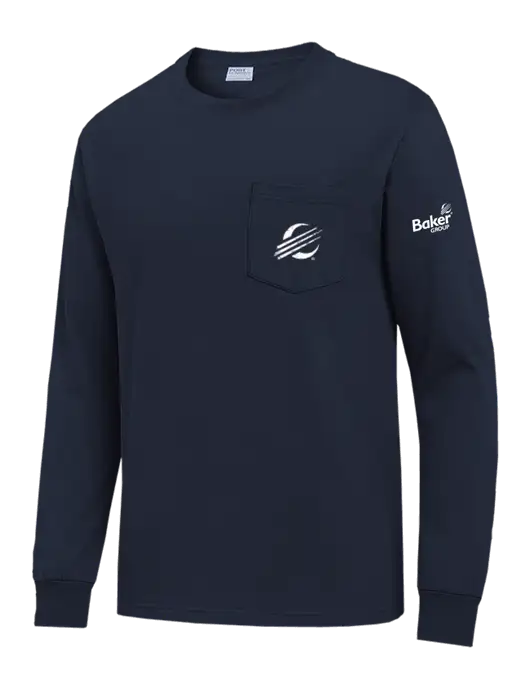 Navy Long Sleeve Heavyweight 6.1 oz Pocket T-Shirt w/Baker Distressed Bug Logo, Baker Group Logo