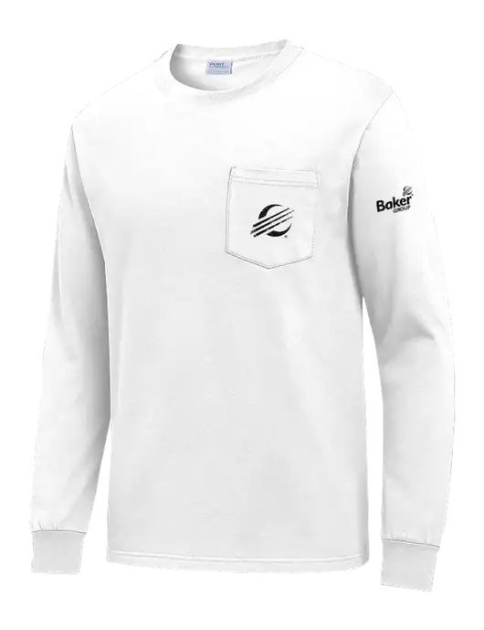 White Long Sleeve Heavyweight 6.1 oz Pocket T-Shirt w/Baker Distressed Bug Logo, Baker Group Logo