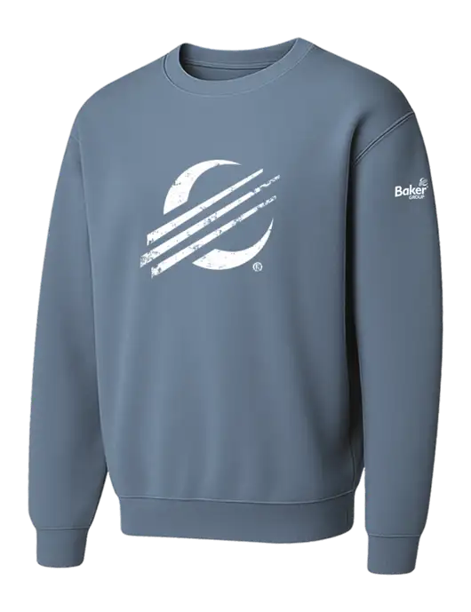 Comfort Colors Garment-Dyed Lightweight Slate Blue Fleece Crewneck Sweatshirt w/Baker Distressed Bug Logo, Baker Group Logo