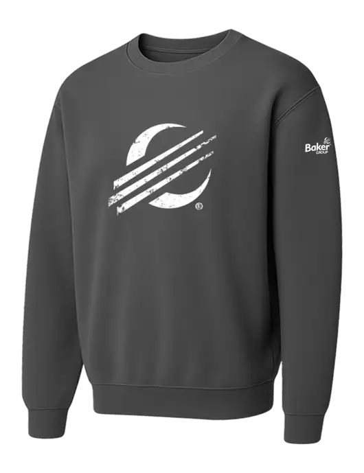 Comfort Colors Garment-Dyed Lightweight Dark Grey Fleece Crewneck Sweatshirt w/Baker Distressed Bug Logo, Baker Group Logo