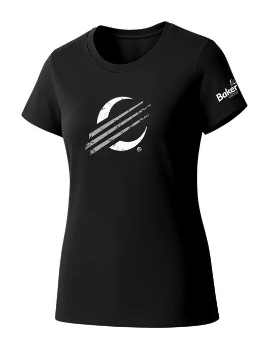 Womens Seriously Soft Black T-Shirt w/Baker Distressed Bug Logo, Baker Group Logo