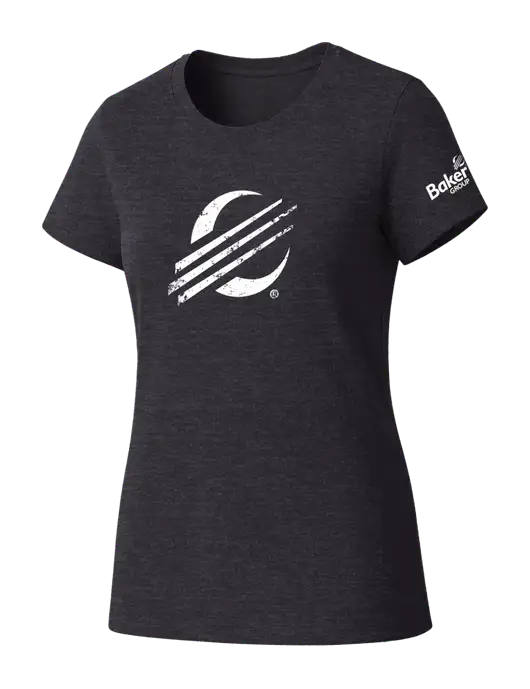 Womens Seriously Soft Heathered Charcoal T-Shirt w/Baker Distressed Bug Logo, Baker Group Logo