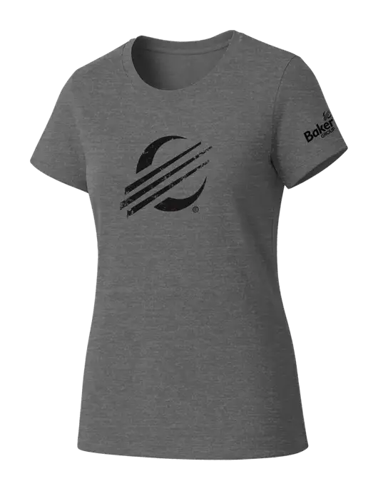Womens Seriously Soft Grey Frost T-Shirt w/Baker Distressed Bug Logo, Baker Group Logo