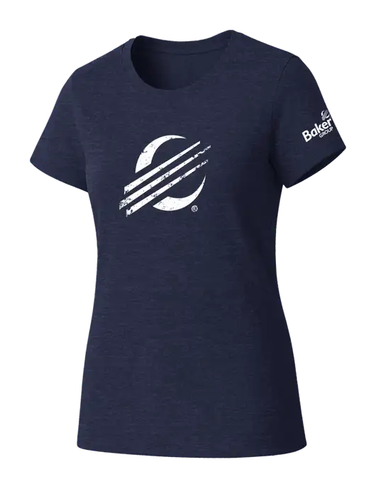 Womens Seriously Soft Heathered Navy T-Shirt w/Baker Distressed Bug Logo, Baker Group Logo