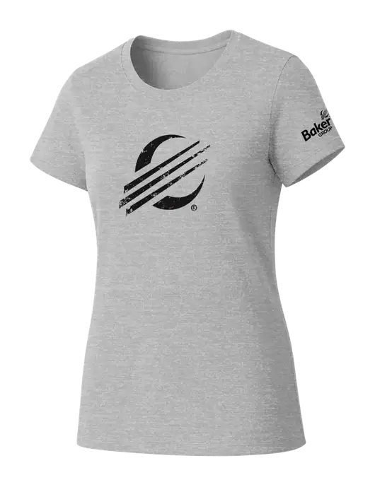 Womens Seriously Soft Light Heathered Grey T-Shirt w/Baker Distressed Bug Logo, Baker Group Logo