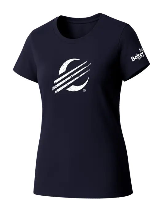 Womens Seriously Soft New Navy T-Shirt w/Baker Distressed Bug Logo, Baker Group Logo
