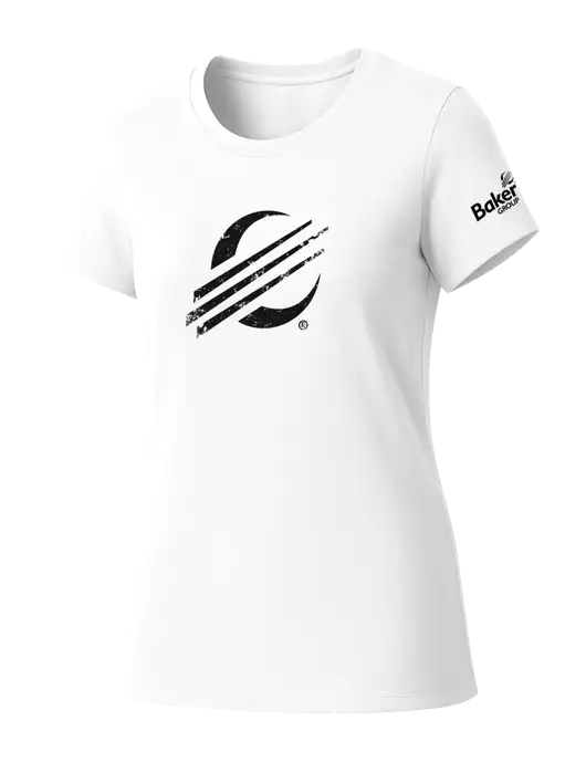 Womens Seriously Soft White T-Shirt w/Baker Distressed Bug Logo, Baker Group Logo