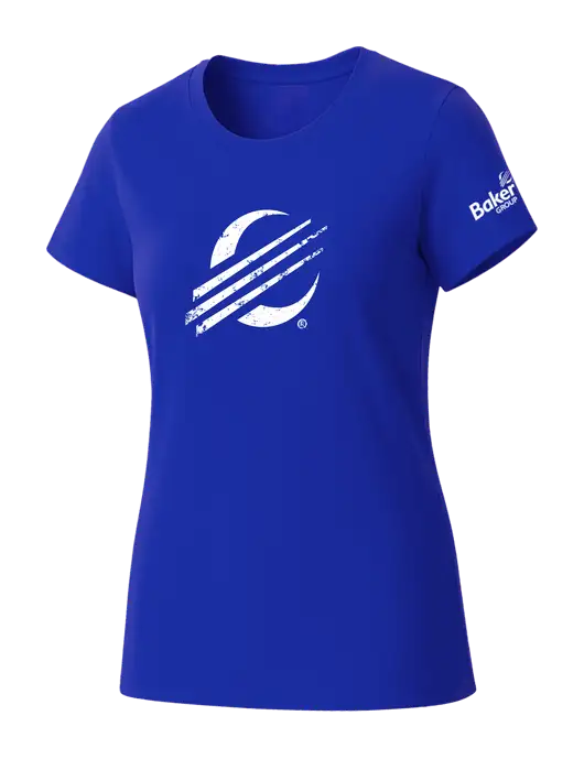 Womens Seriously Soft Royal T-Shirt w/Baker Distressed Bug Logo, Baker Group Logo