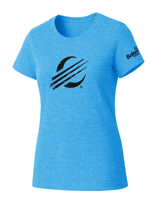 Womens Seriously Soft Light Sapphire T-Shirt w/Baker Distressed Bug Logo, Baker Group Logo