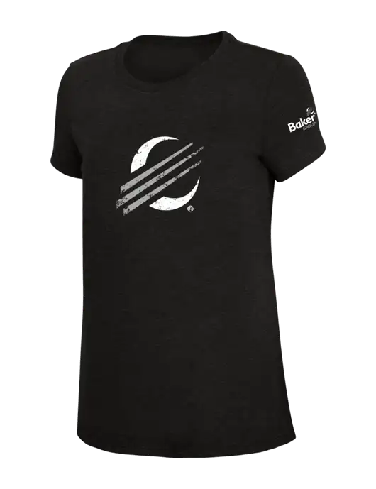 Womens Simply Soft Black 4.5oz Poly/Combed Ring Spun Cotton T-Shirt w/Baker Distressed Bug Logo, Baker Group Logo