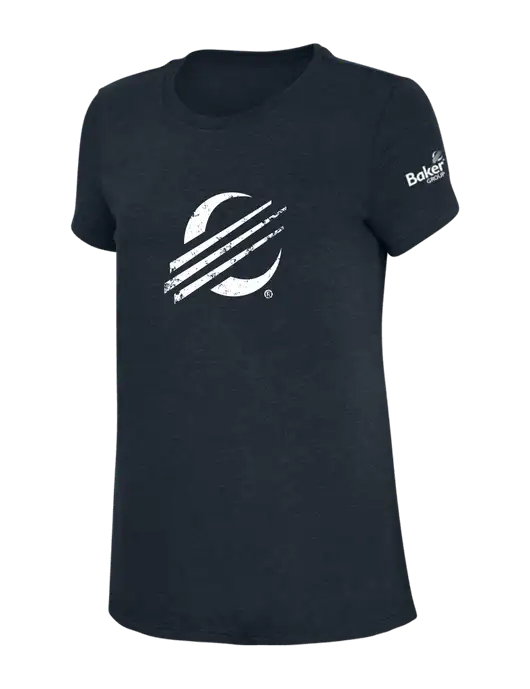 Womens Simply Soft Navy 4.5oz Poly/Combed Ring Spun Cotton T-Shirt w/Baker Distressed Bug Logo, Baker Group Logo