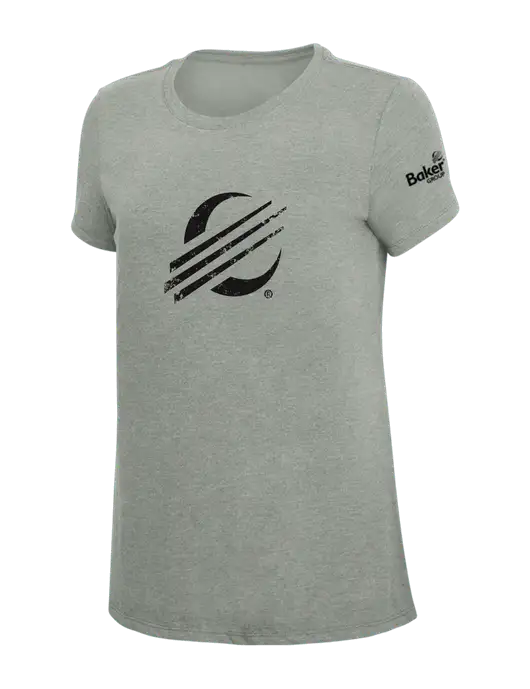 Womens Simply Soft Grey Frost 4.5oz  Poly/Combed Ring Spun Cotton T-Shirt w/Baker Distressed Bug Logo, Baker Group Logo