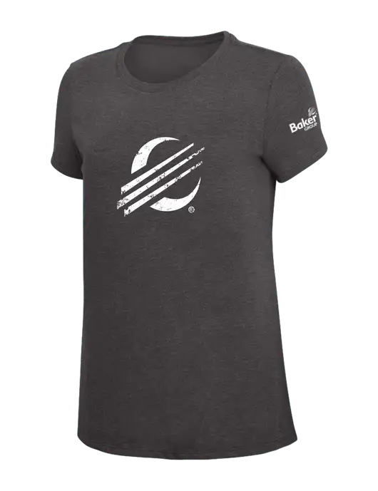 Womens Simply Soft Heather Charcoal 4.5oz  Poly/Combed Ring Spun Cotton T-Shirt w/Baker Distressed Bug Logo, Baker Group Logo
