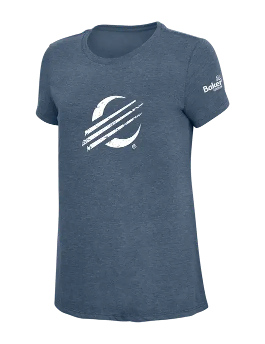 Womens Simply Soft Navy Frost 4.5oz  Poly/Combed Ring Spun Cotton T-Shirt w/Baker Distressed Bug Logo, Baker Group Logo