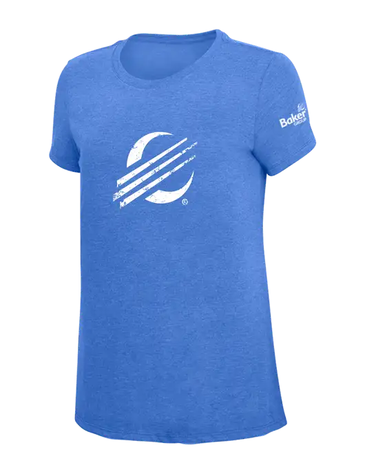 Womens Simply Soft Royal Frost 4.5oz  Poly/Combed Ring Spun Cotton T-Shirt w/Baker Distressed Bug Logo, Baker Group Logo