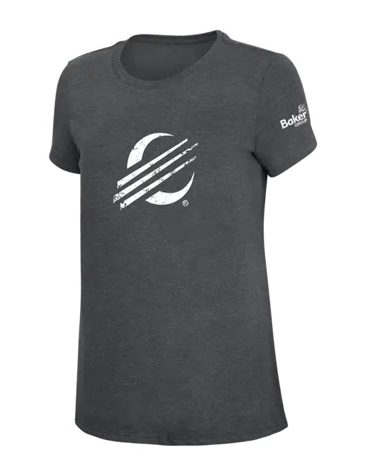 Womens Simply Soft Charcoal 4.5oz Poly/Combed Ring Spun Cotton T-Shirt w/Baker Distressed Bug Logo, Baker Group Logo