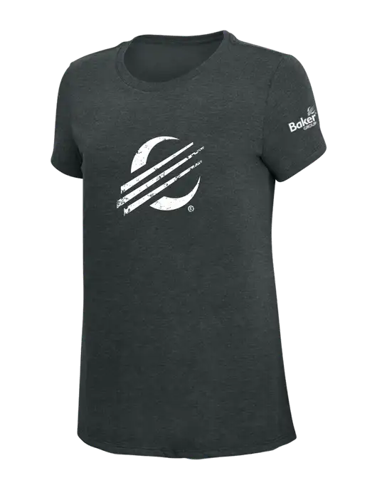 Womens Simply Soft Black Frost 4.5oz Poly/Combed Ring Spun Cotton T-Shirt w/Baker Distressed Bug Logo, Baker Group Logo