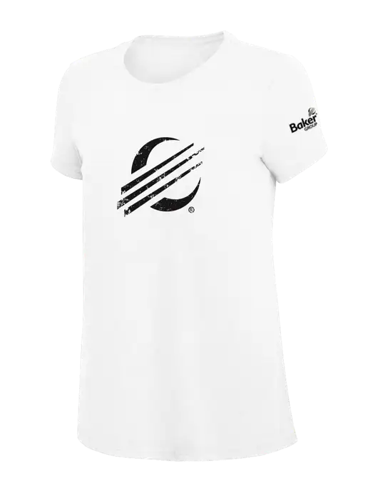 Womens Simply Soft White 4.5oz Poly/Combed Ring Spun Cotton T-Shirt
 w/Baker Distressed Bug Logo, Baker Group Logo