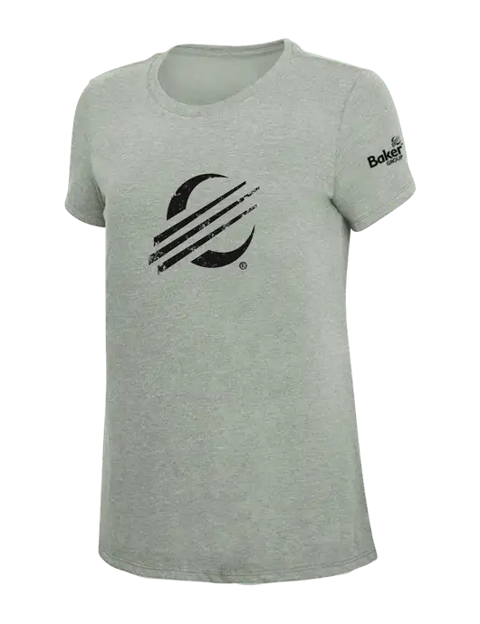 Womens Simply Soft Heathered Light Grey 4.5oz Poly/Combed Ring Spun Cotton T-Shirt w/Baker Distressed Bug Logo, Baker Group Logo