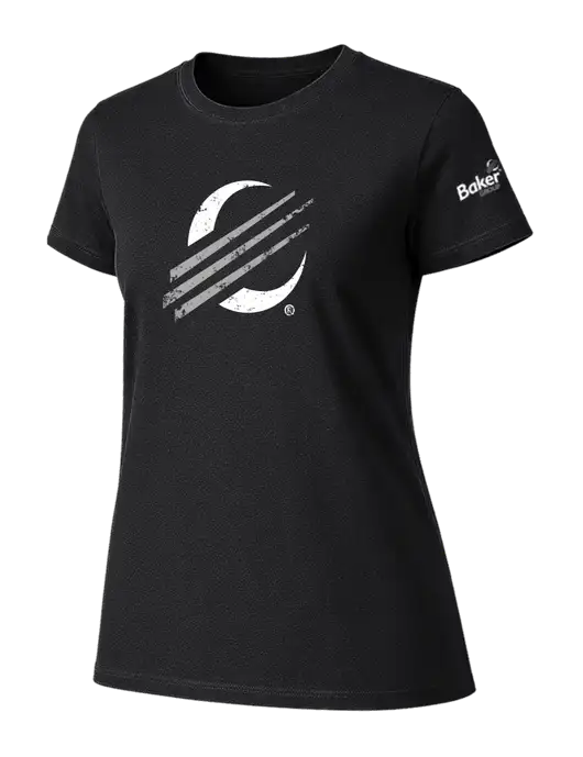 Womens Ring Spun Jet Black 4.5 oz T-Shirt w/Baker Distressed Bug Logo, Baker Group Logo