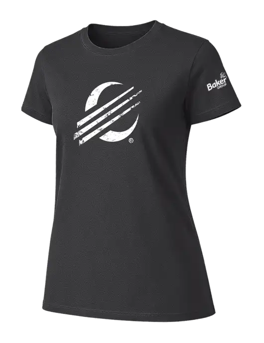 Womens Ring Spun Charcoal 4.5 oz T-Shirt w/Baker Distressed Bug Logo, Baker Group Logo