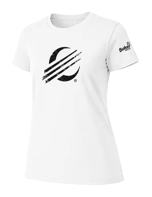 Womens Ring Spun White 4.5 oz T-Shirt w/Baker Distressed Bug Logo, Baker Group Logo