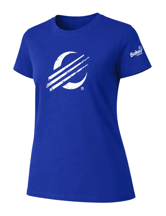 Womens Ring Spun Royal 4.5 oz T-Shirt w/Baker Distressed Bug Logo, Baker Group Logo