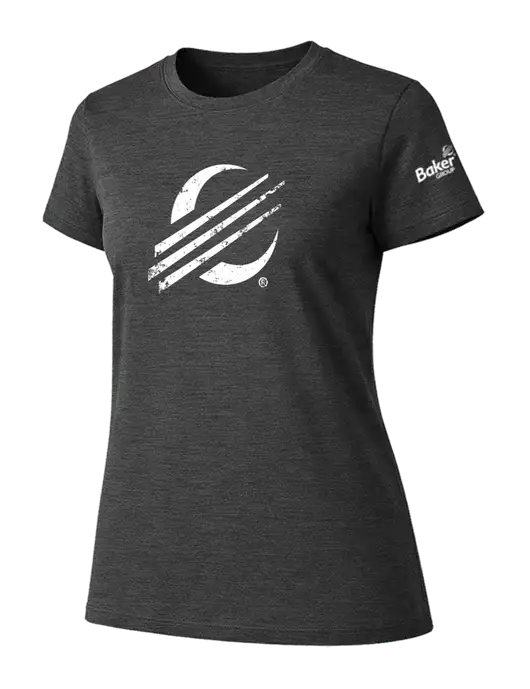 Womens Ring Spun Dark Heather Grey 4.5 oz T-Shirt w/Baker Distressed Bug Logo, Baker Group Logo