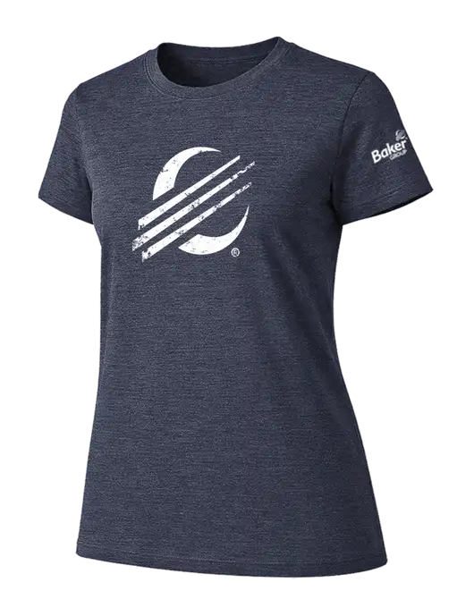 Womens Ring Spun Heather Navy 4.5 oz T-Shirt w/Baker Distressed Bug Logo, Baker Group Logo