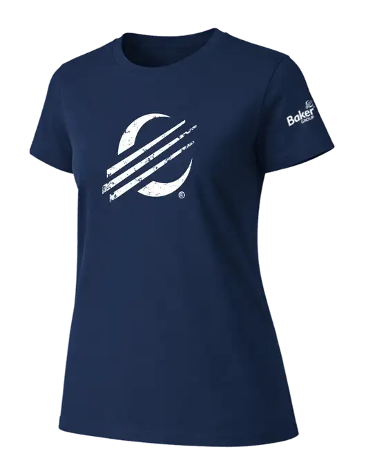 Womens Ring Spun Navy 4.5 oz T-Shirt w/Baker Distressed Bug Logo, Baker Group Logo