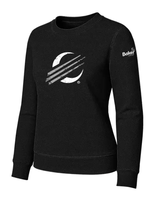 Womens Black Loft Crewneck Sweatshirt w/Baker Distressed Bug Logo, Baker Group Logo